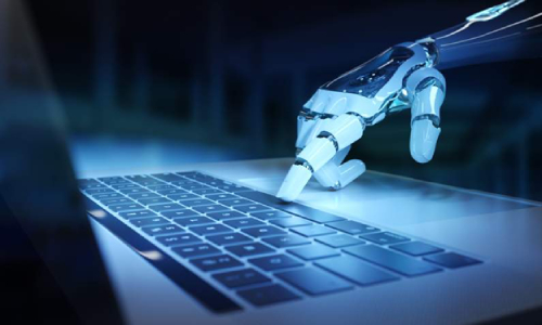 robot hand touching computer keyboard
