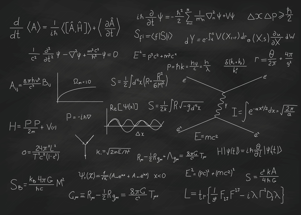 Science blackboard with math. Real physical equations of Einstein relativity theory, string theory and quantum mechanics principles. Used chalkboard with scratches and stains from chalk piece.