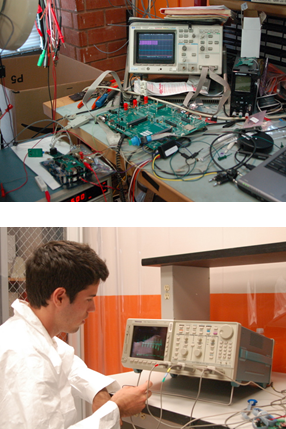 (top) Oscilloscope and Cicuit Board (bottom) Stuent Working with Oscilloscope