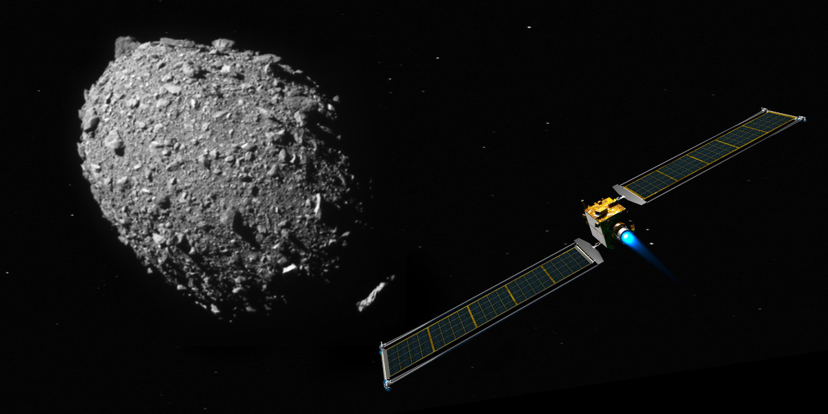 Satellite darting towards asteroid
