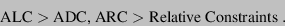\begin{displaymath}
\mbox{ALC} > \mbox{ADC, ARC} > \mbox{Relative Constraints} \ .
\end{displaymath}