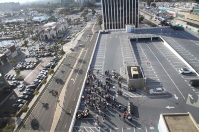 Overhead shot of guests on the parking structure rooftop