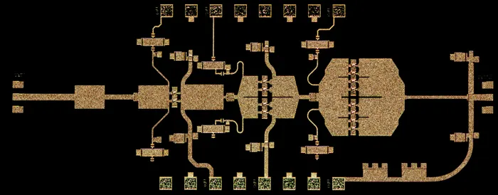 Intricate circuitry of Northrop Grumman’s high-frequency Gallium Nitride chip that operates at W-band, the highest output power of a commercially available chip.