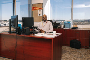 Researcher working on computer